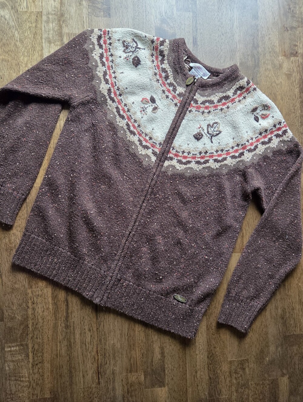Northern Reflections Fair Isle Zip-Front Leaf Motif Speckled Earth Tone Sweater